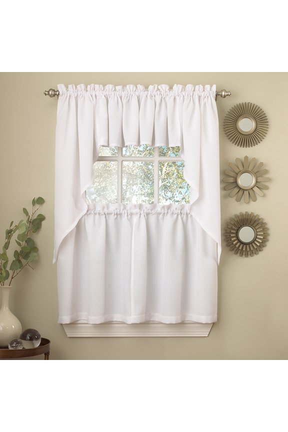 White Solid Opaque Ribcord Kitchen Curtains Choice of Tiers Valance or Swag