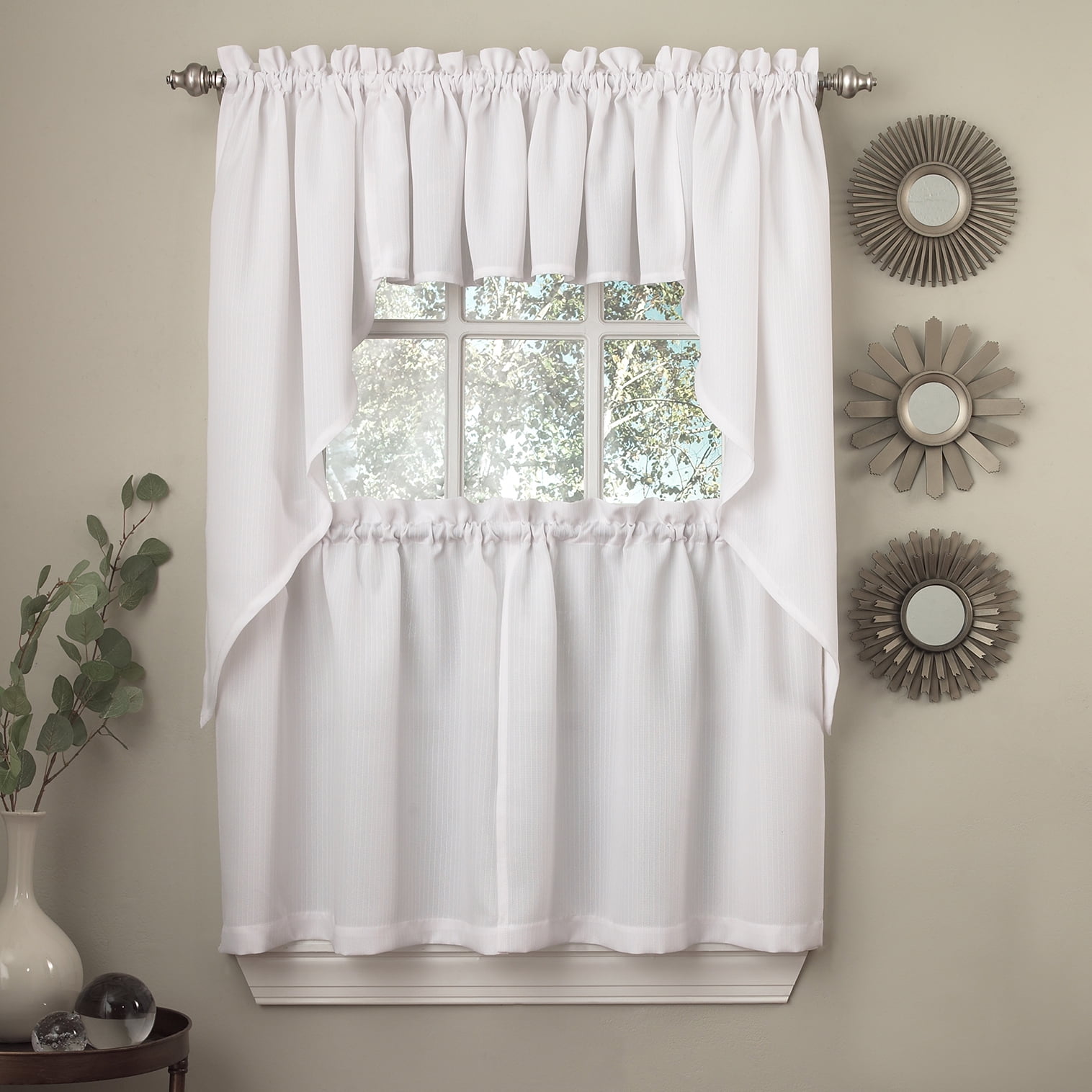 White Solid Opaque Ribcord Kitchen Curtains Choice of Tiers Valance or Swag