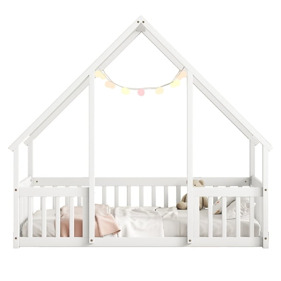 White Solid Pine Twin Floor Platform Bed with House Shaped Roof Frame and Full Surround Slatted Guardrail No Box Spring Needed