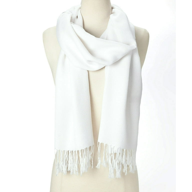 Oussum Long White Pashmina Silk Scarf for Women, Solid Fashion