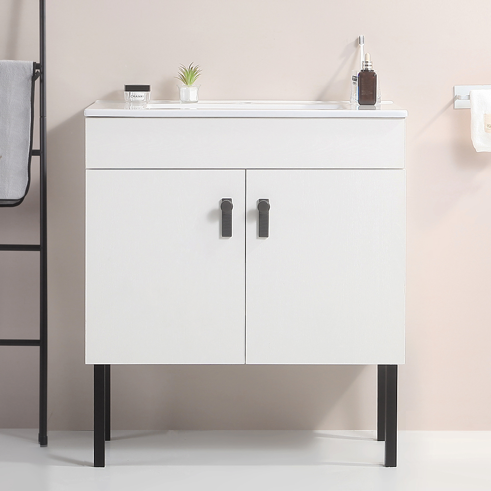 White Solid Wood 30” Bathroom Vanity with Metal Legs and White Ceramic Basin featuring Two Soft