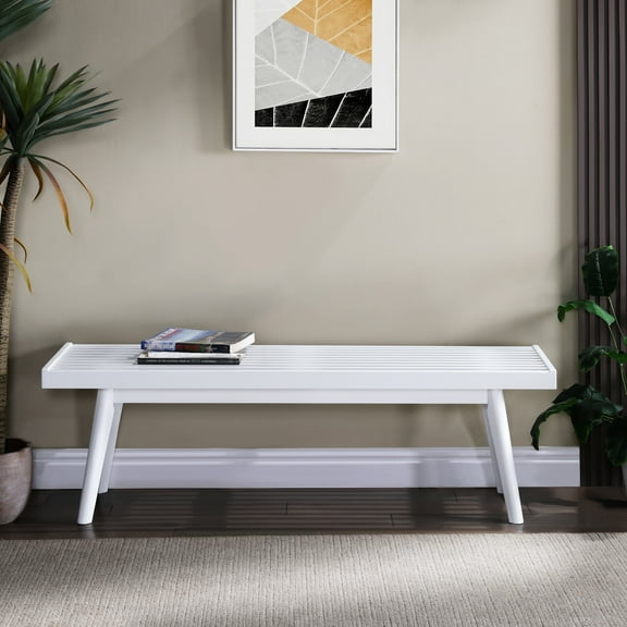White Solid Wood Bench With Slatted Surface For A Charming Home -style In Pure
