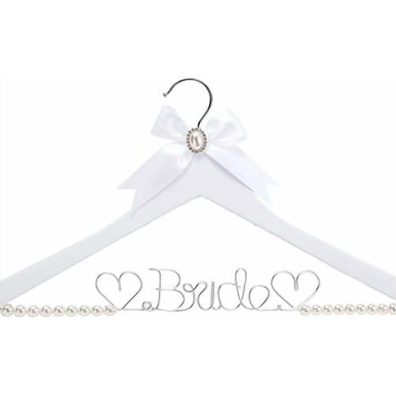 White Solid Wood Bridal Dress Hanger with Bridal Wire Lettering for Bridal Wedding Party Gift (White Coat Hanger Pearl Silver Thread)$$Home Decor, Kitchen, & Other
