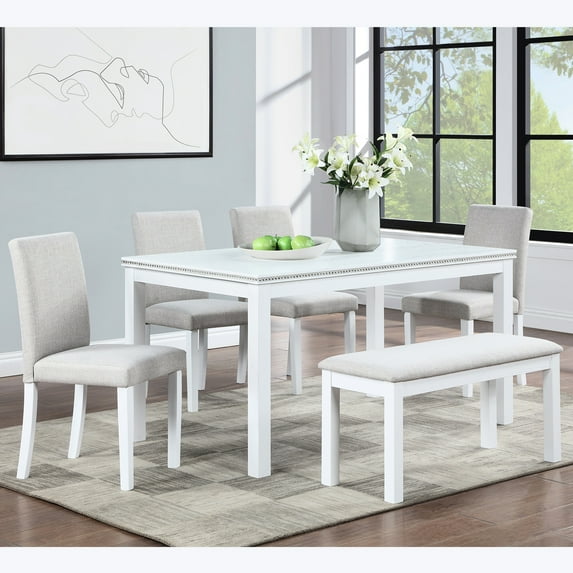 White Solid Wood Dining Table And Bench For 6 Meals With Chairs In White, Frame, Tabletop, Chic Style