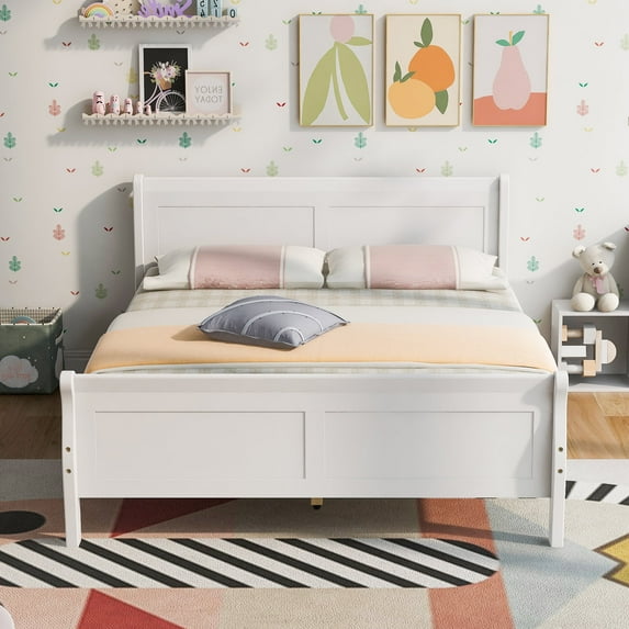White Solid Wood Full Bed Frame with Headboard and Footboard, No Box Spring Needed