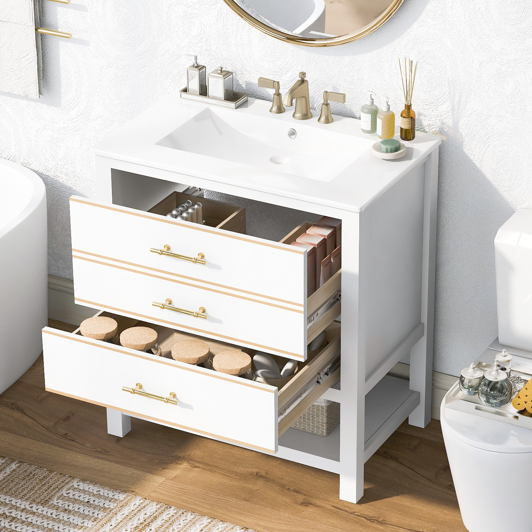White Solid Wood + MDF Bathroom Vanity with Assembly Instructions ...