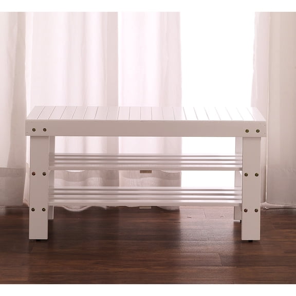 White Solid Wood Shoe Bench With Shelf - , Simple Assembly Quality And Handy Desk