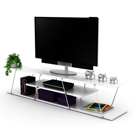 White Solid Wood TV Stand with 4 Shelves / Fit Well in Mid - Century Decor