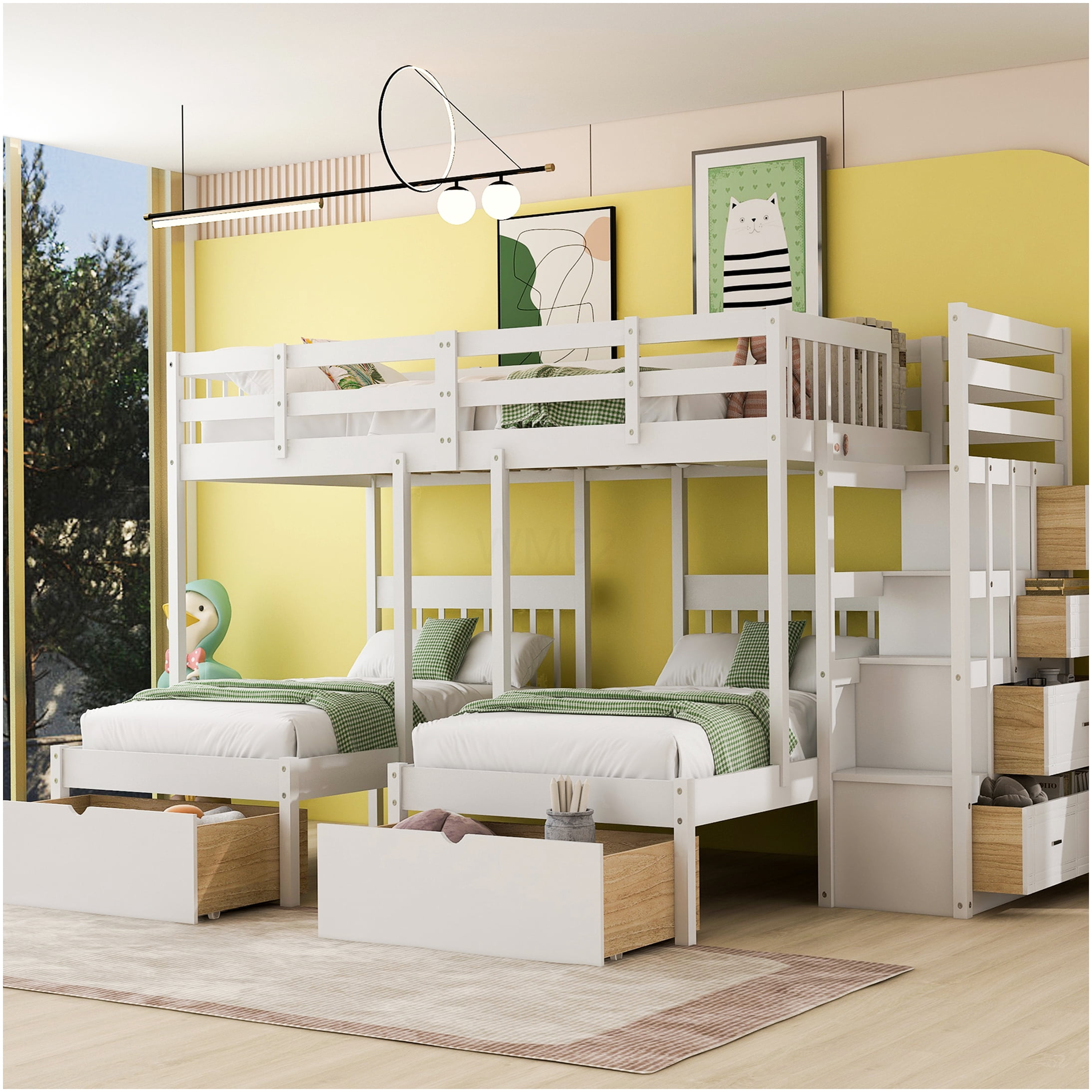 White Solid Wood Triple Bunk Bed with Stairs, Full Over Twin Bunk Bed ...