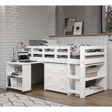 Cartesian Furniture Kids Solid Wood Storage Twin Low Loft Bed with Rolling Desk and Storage White