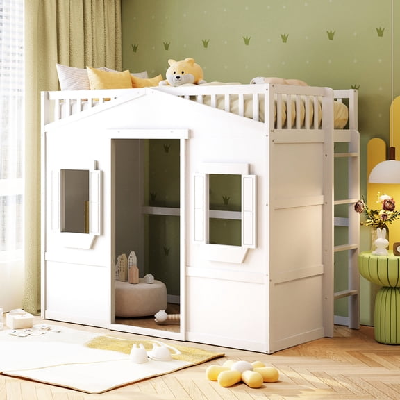 White Solid Wood Twin Loft Bed with Ladder / Strong Pine Wood for Durable Use