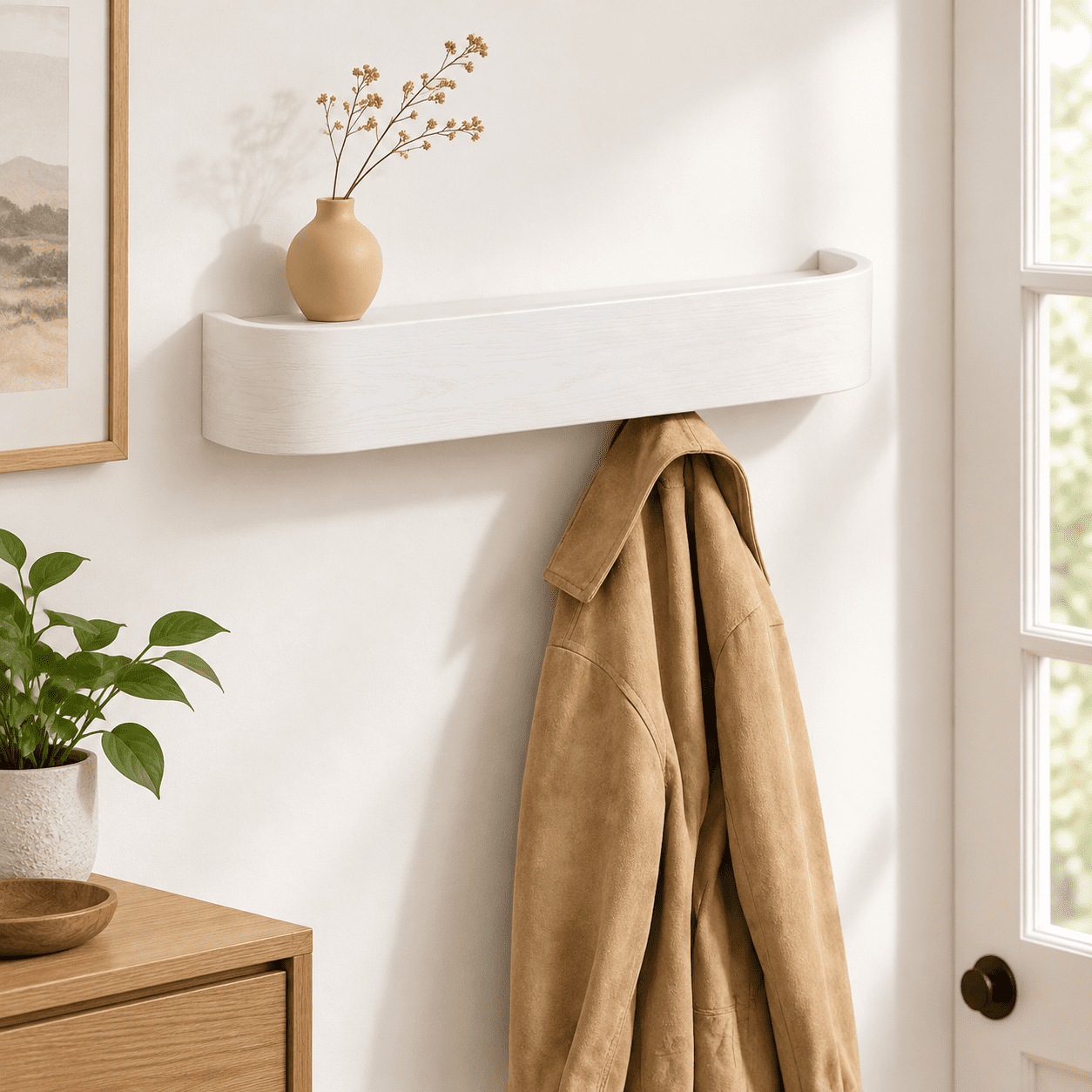 Wall Moount Rack White Solid Wood Wall Mounted Coat Rack with 5 Hooks and Floating Shelf ...
