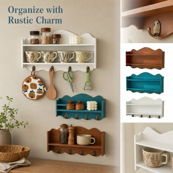 White Solid Wood Wall Rack, Decorative Wall Shelf, Wall Storage Organizer, Coat Rack with Shelf, 20X11X4 Inch Scalloped Edge Wall Mount Kitchen Storage Shelf with Vintage