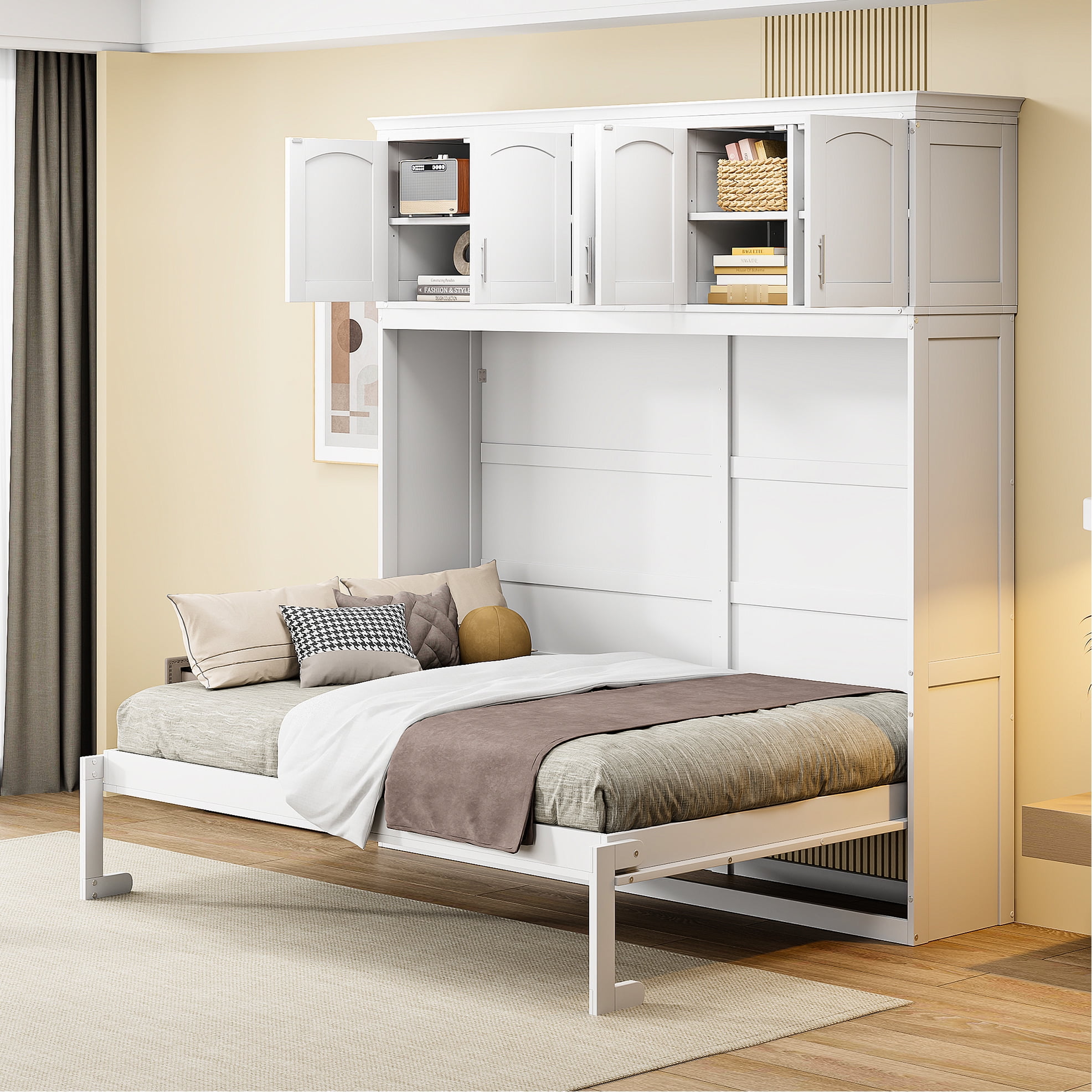 White Space Saving Bed With Bottom Cabinets - Maximizes Floor Space ...