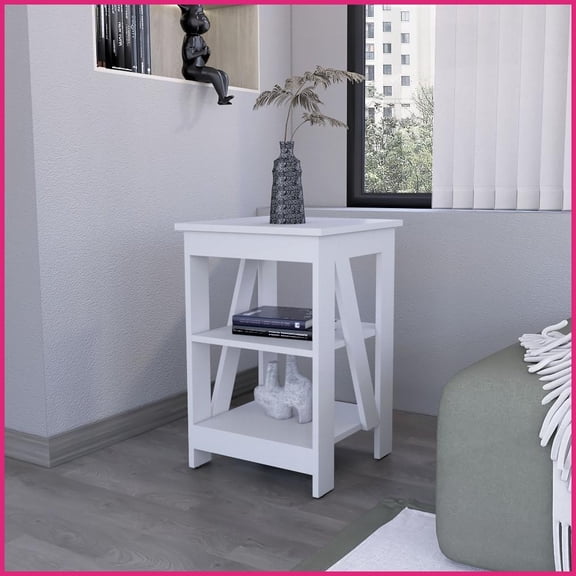 White Space-Saving Coffee Table with 2 Shelves for Living Room, Modern & Functional