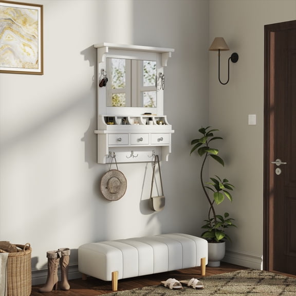 White Space-Saving Wall-Mounted Vanity  Floating Makeup Station with Big Mirror, Drawers/Pockets/Hooks