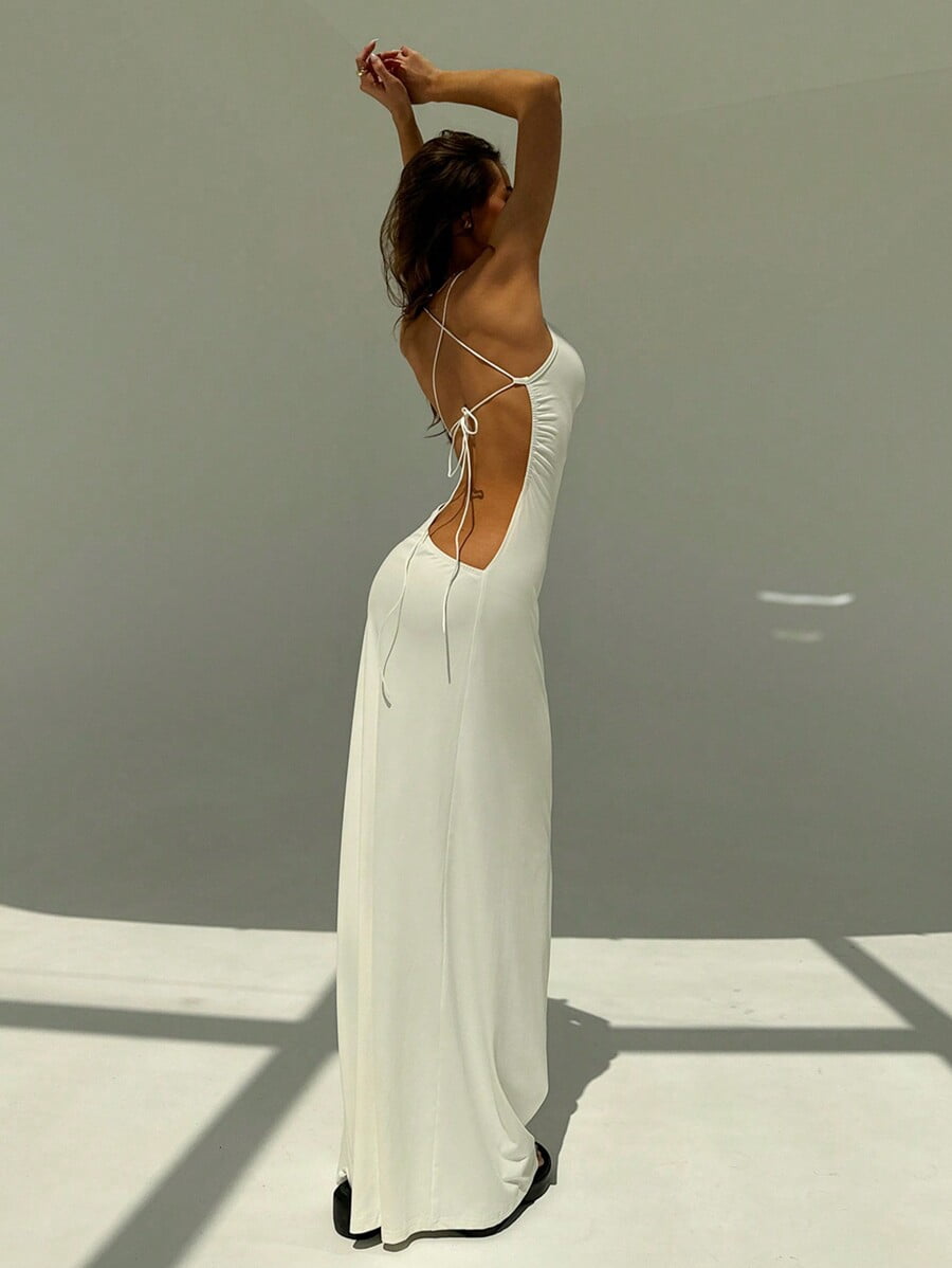 white spaghetti strap backless dress White Spaghetti Straps Backless Long Wedding Dress with Lace Diamond White / 18