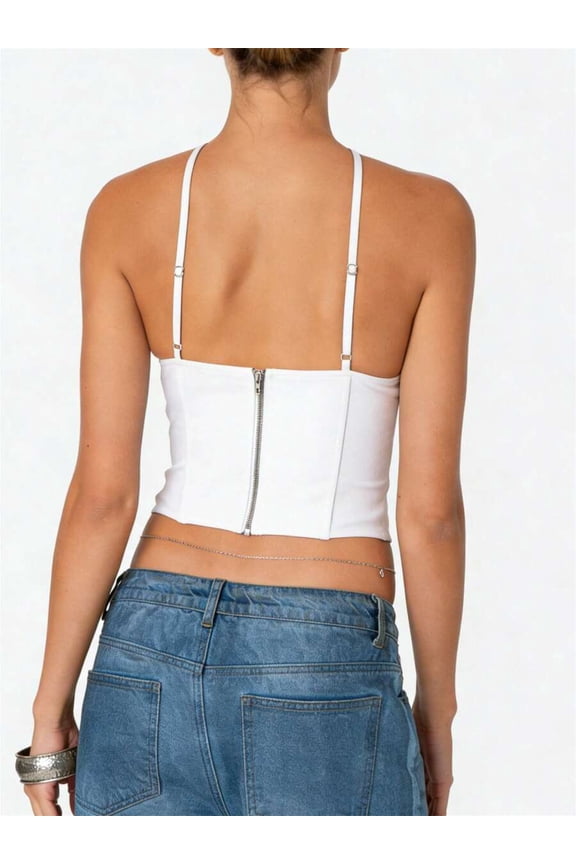 White Spaghetti Strap Crop Top With Back Zip Fitted Camisole Streetwear