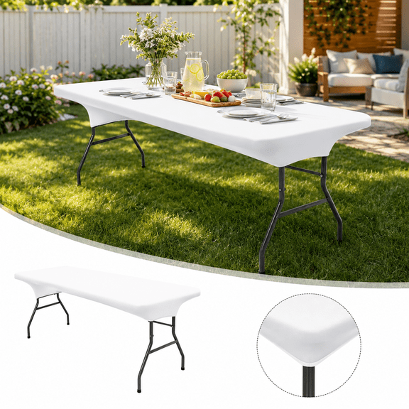 White Spandex Picnic Tablecloth Elastic Tablecloth For 6X2.5Ft Rectangular Table Stretchable Washable In White