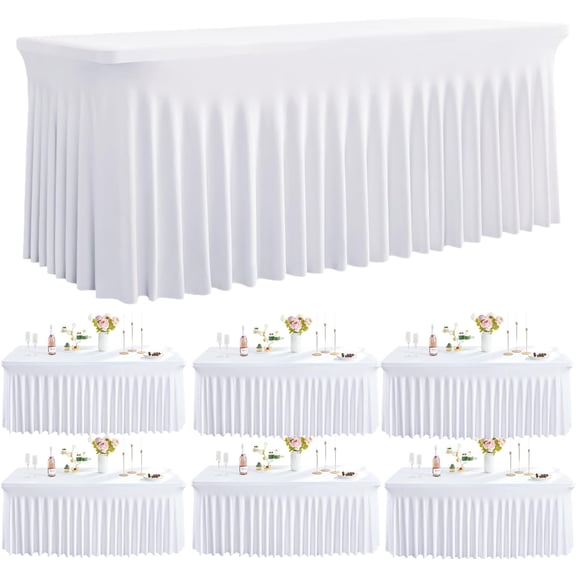 White Spandex Table Clothes for 8 Foot Rectangle Tables-6Pack 8FT Fitted Cover, Wrinkle Free Tablecloths with Skirt Parties, Wedding, Birthday, Banquet, Festival