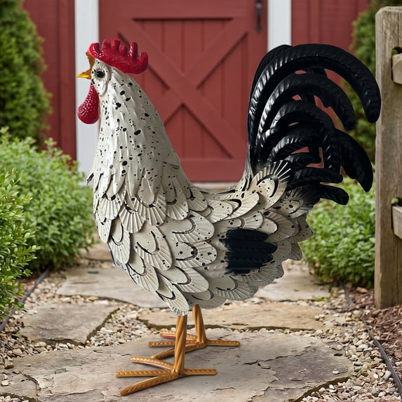 White Speckled Metal Rooster Statue 16.14 Inch Freestanding Farmhouse Yard Art Weather Resistant Outdoor Garden Decor for Lawn Patio Porch