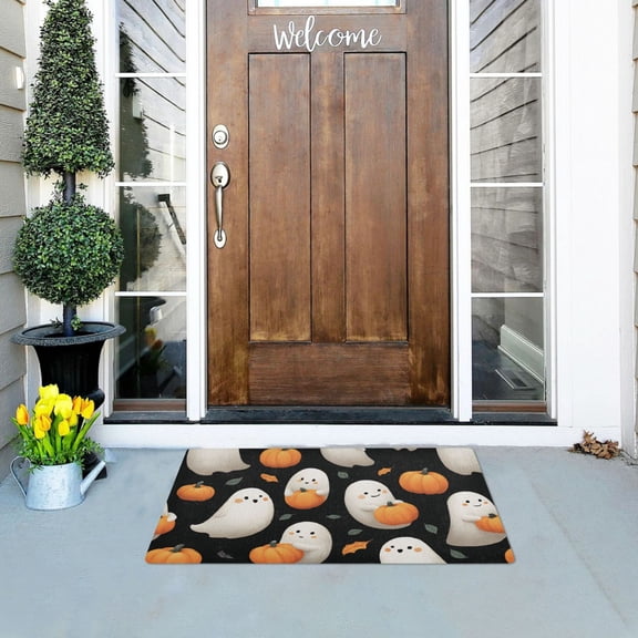 White Specters Hug Pumpkins Leaves Halloween Doormats Welcome Mats Gate Pads Entryway Outdoor 32" x 20"