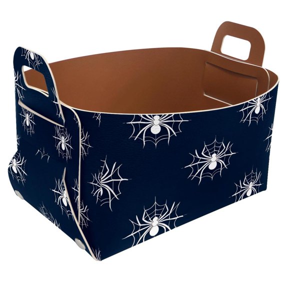 White Spider Dark Blue Storage Basket Collapsible Storage Bin, PU Foldable Basket Convenient Box Storage Organizer with Handles for Shelves Office Bedroom Closet Nursery Toys Laundry