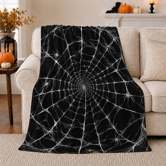 White Spider Web Macabre Design Eerie Gothic Style, Festive Halloween Scene, Warm Flannel Blanket for Living Room and Family Room, Art Lovers Halloween Gift, Festive Home Decor