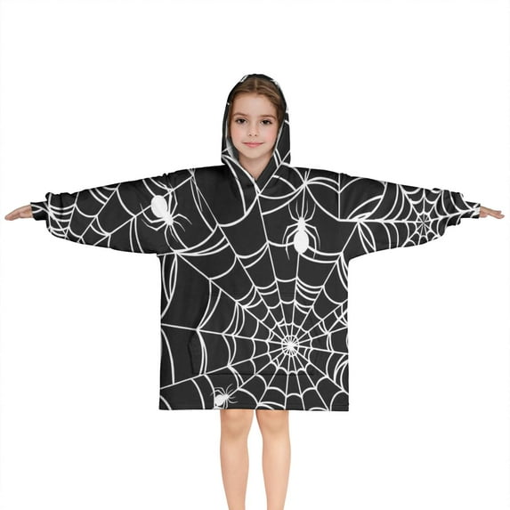 White Spider Webs and Spiders Blanket Hoodies for Kids 6-13YR Oversize Wearable Blanket Hoodies for Boys Girls Teens