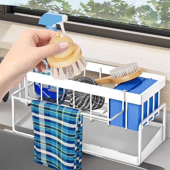 White Sponge Holder for Kitchen Sink, Sink Caddy Organizer with High Brush Holder, Kitchen Countertop Organizers and Storage Essentials, Rustproof 304 Stainless Steel, Soap Dispenser Organize