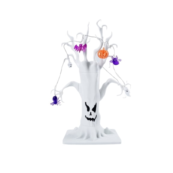 White Spooky Ghost Tree Figurine with Black Evil Smile Face Print and Themed Hanging Light Strings, Battery Operated Led Lights for Indoor Halloween Decor, Holiday Party Table