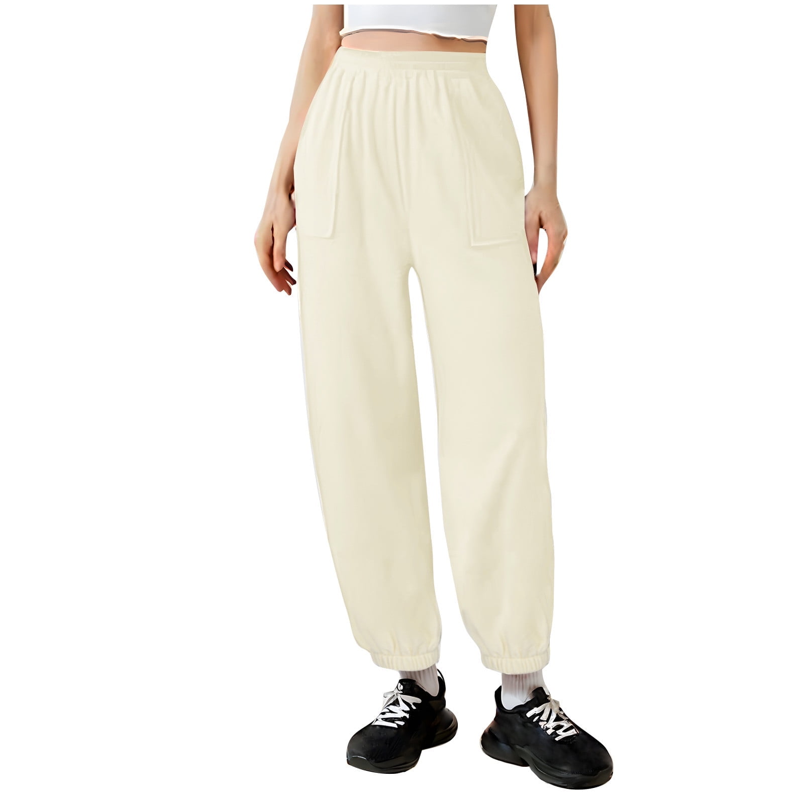 White Sport Gym Casual Running Pants for Women Fall Summer High Cut ...