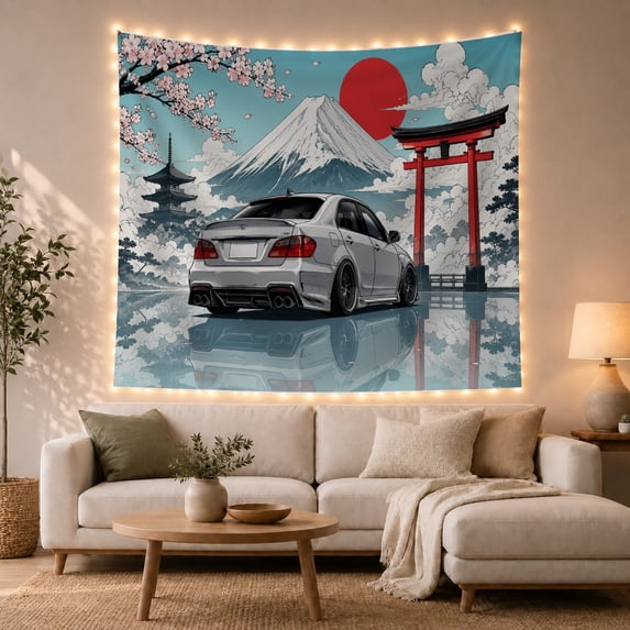 White Sports Car Beside Torii Gate And Mountain, Adventurous Anime Style for Car Lovers, Racing Wall Art, Birthday Gift Tapestry Wall Hanging for Garage and Bedroom