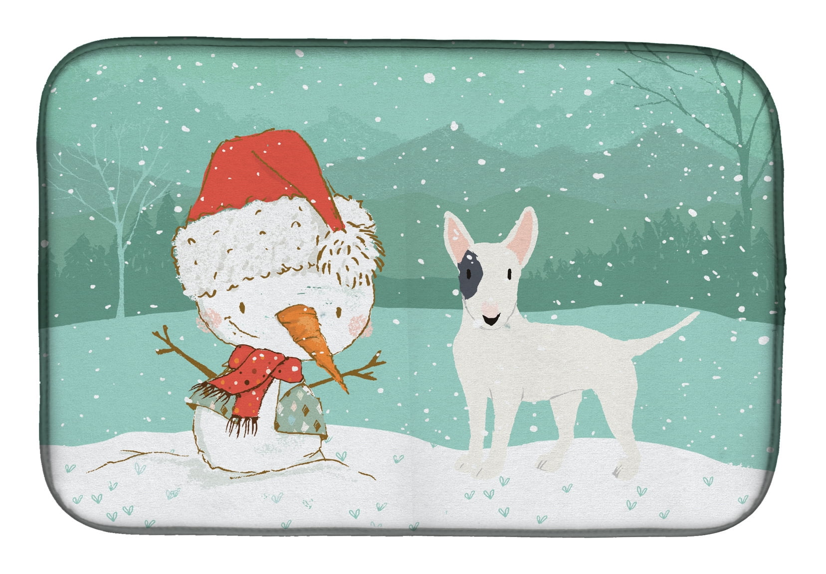 White Spot Bull Terrier Snowman Christmas Dish Drying Mat