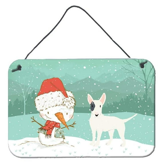 White Spot Bull Terrier Snowman Christmas Wall or Door Hanging Prints