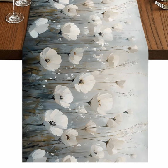 White Spring Floral 48 Inch Table Runner, Botanical Abstract Oil Painting Plant Farmhouse Dresser Scarf Cotton & Linen Tablerunner for Dining/Kitchen Island/Holiday Party Décor 13" x 48"