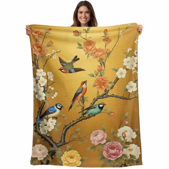 White Spring Floral Blanket Soft Cozy Warm Throw Blanket for Couch, Plush Fuzzy Flannel Fleece Blankets for Sofa, Farmhouse Birds Flowers Branches Bed Blankets Lightweight Gifts for Women, 30"x40"