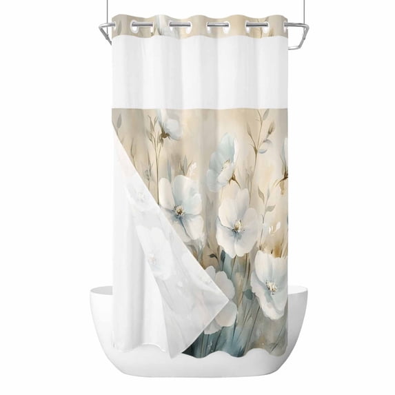 White Spring Floral No Hook Shower Curtain Waterproof, Bathroom Curtains with Snap in Liners and See Through Top Window, Modern Oil Painting Farmhouse Hotel Style Bathtub Curtains Shower 54"Wx78"L