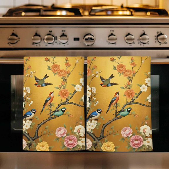White Spring Floral Kitchen Towels Set of 3, Farmhouse Birds Flowers Branches Absorbent Dish Towels for Kitchen, Microfiber Hand Towel, Quick Drying Tea Towel for Cleaning Decorative Dishcloths