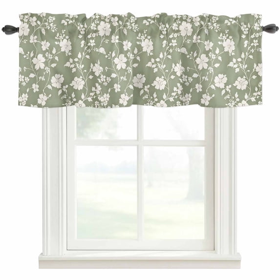 White Spring Floral Kitchen Valances for Windows, Summer Flowers Sage Green Pastoral Bathroom Window Valances 42x12 Inch Rod Pocket Window Treatments Valance Curtains for Living Room Bedroom Decor
