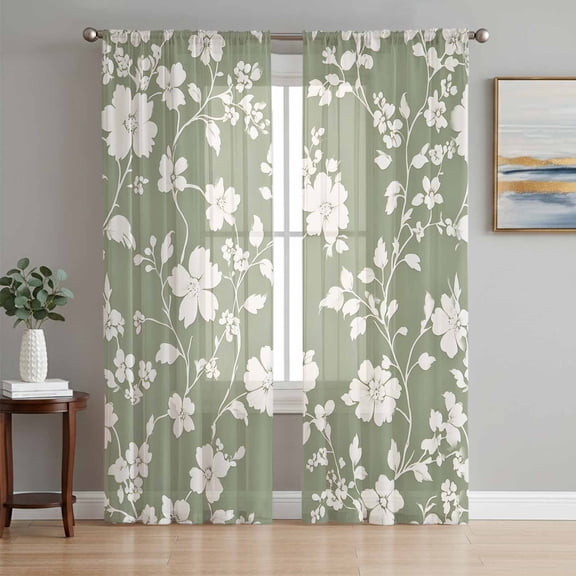 White Spring Floral Sheer Curtains 63 Inch Length 2 Panels Set, Summer Flowers Sage Green Pastoral Voile Window Treatment Rod Pocket Curtains Sheers Drapes for Bedroom/Living Room/Kitchen 52x"63"x2