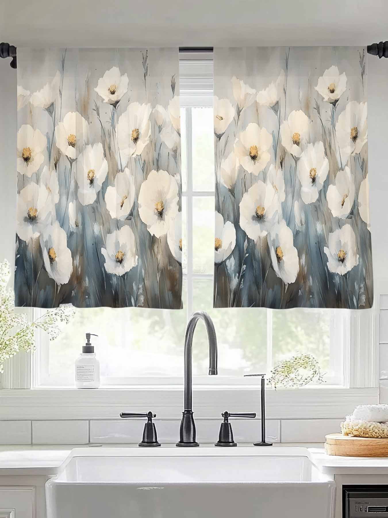 White Spring Floral Sheer Curtains for Living Room Bedroom Modern Oil