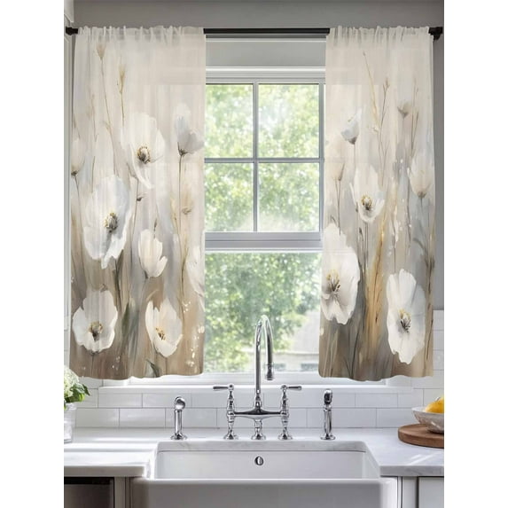 White Spring Floral Sheer Curtains for Living Room Bedroom Modern Oil Painting Pastoral Sheer Curtains 72 Inch Long 2 Panels Set Light Filtering Curtain Window Treatments Drapes for Dining Room