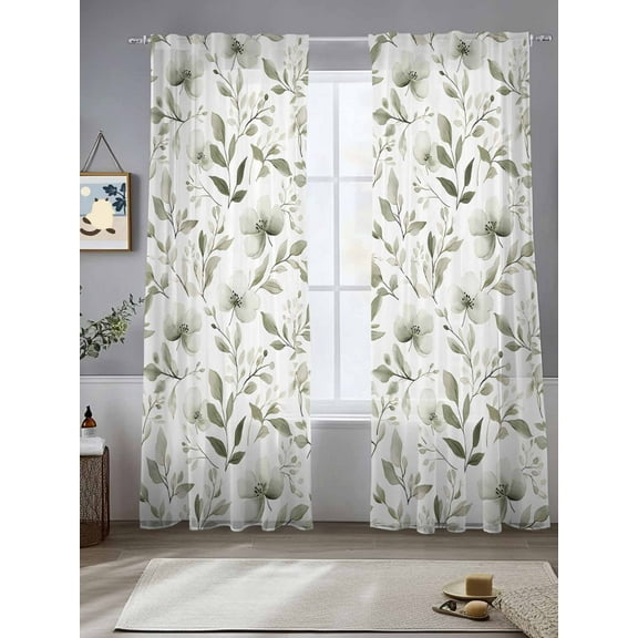White Spring Floral Sheer Curtains for Living Room Bedroom Summer Botanical Watercolor Sheer Curtains 108 Inch Long 2 Panels Set Light Filtering Curtain Window Treatments Drapes for Dining Room