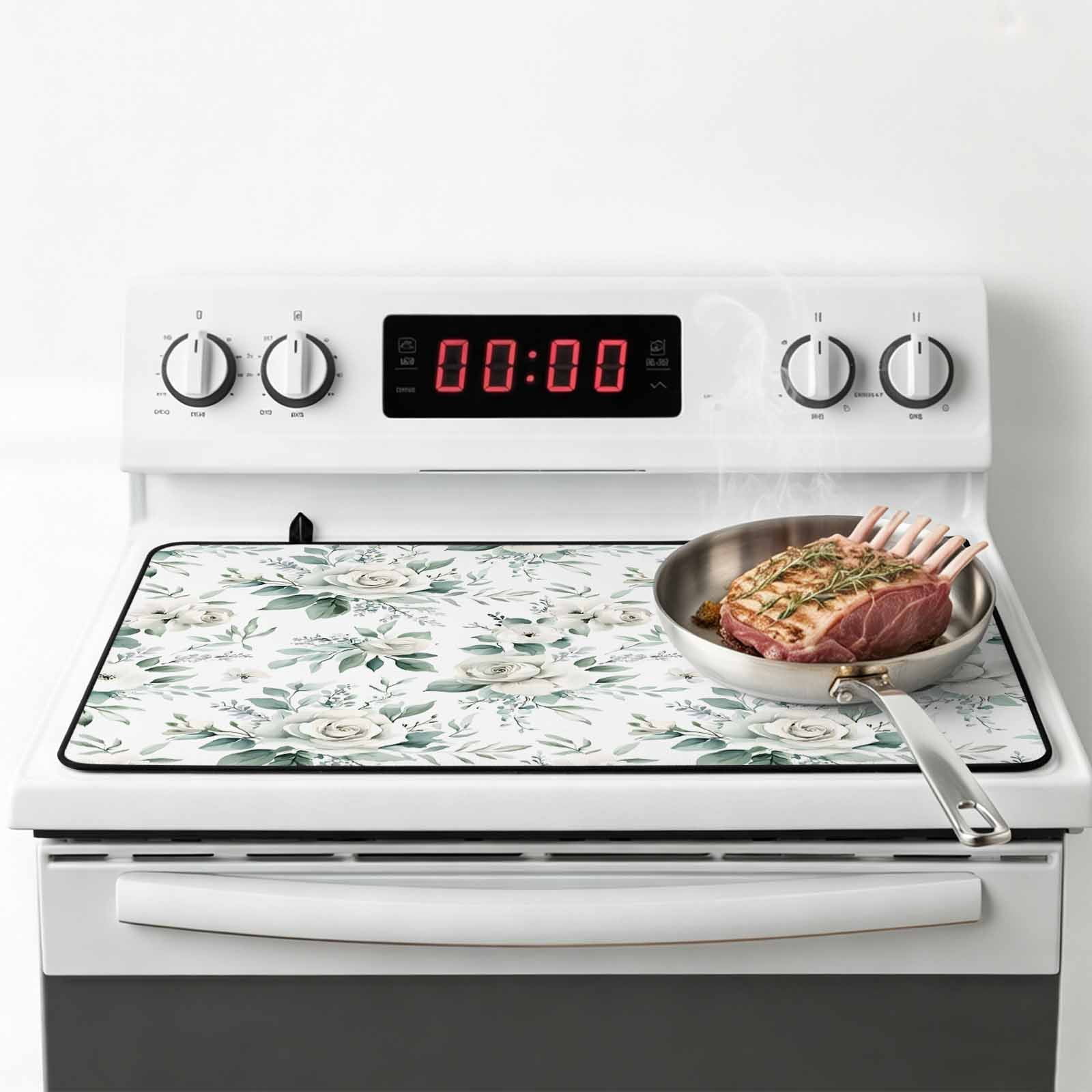White Spring Floral Stove Top Cover for Electric Stove, Heat-proof & Non Slip Glass Top Stove Cover Protector, Pastoral Flowers Watercolor Kitchen Flat Cooktop Rubber Mat 24x21 Inches