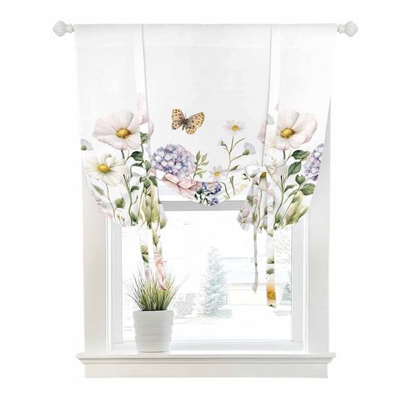 White Spring Floral Tie Up Curtains for Window, Thermal Insulated Balloon Shade Adjustable Rod Pocket Curtains Valance Panels for Kitchen Bathroom Cafe 42 x 54 Pastoral Flower Watercolor