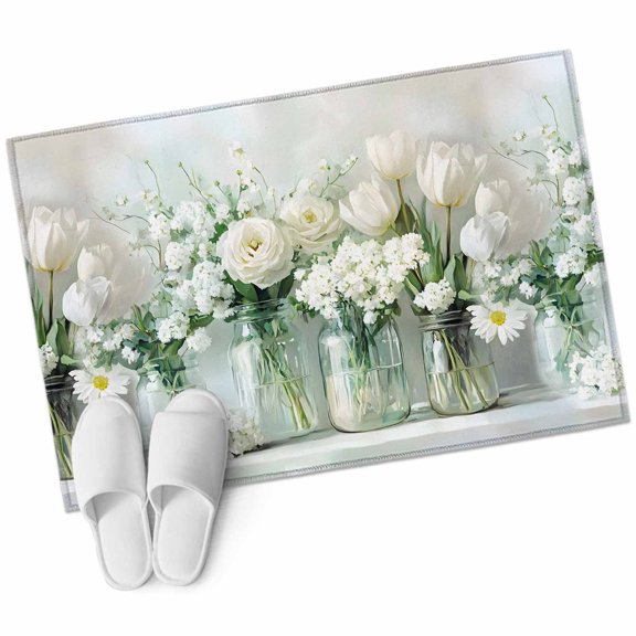 White Spring Flower Area&nbsp;Rug 2x3ft Modern Floral Plants in Vase Non-Slip&nbsp;Washable Square&nbsp;Rugs Soft Felt Indoor Floor Mat for Bedroom Kitchen Living Room Bathroom