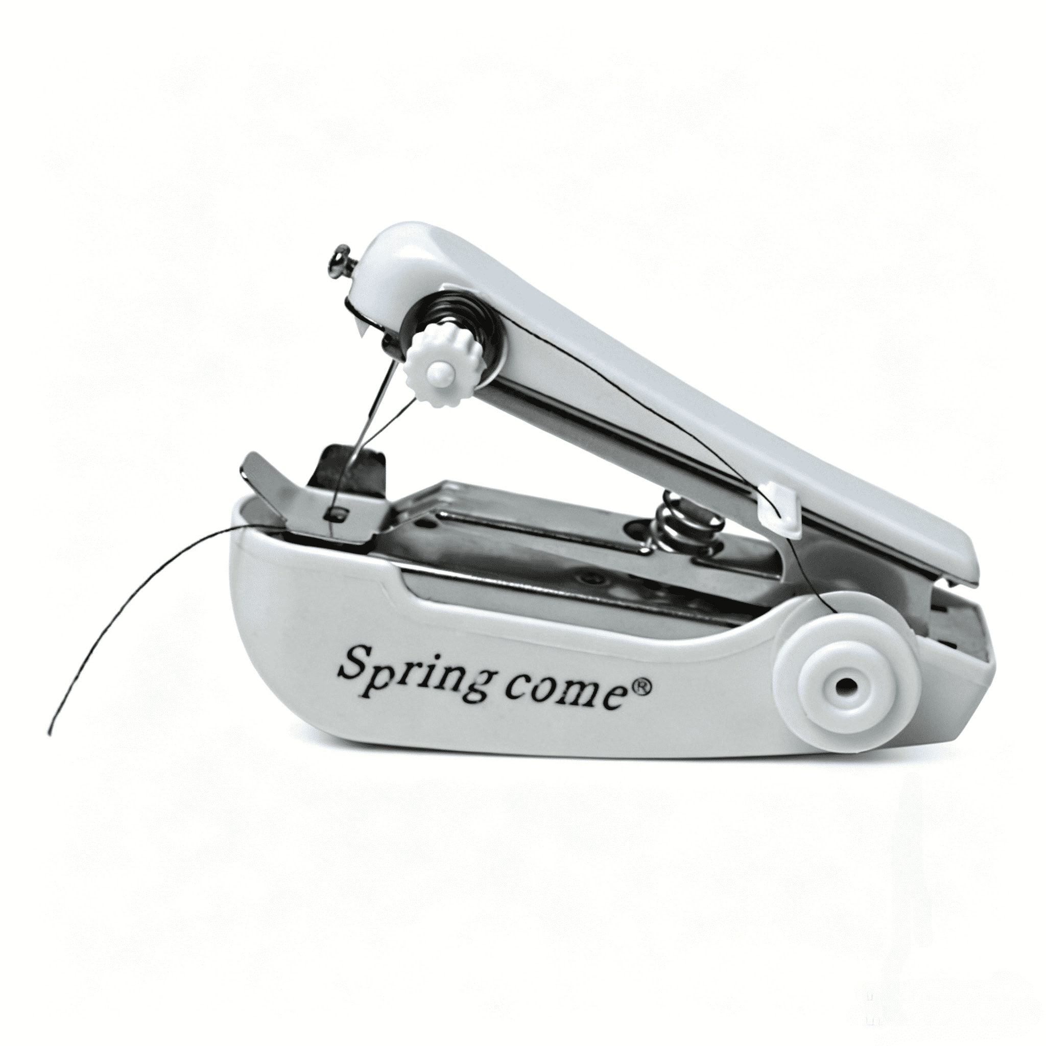 White Spring come Handheld Mini Sewing Machine, Portable Manual Pocket Stitch Tool, Compact Lightweight Sewing Device for Clothing Repair, Home DIY Crafts, Travel Emergency Fabric Mending