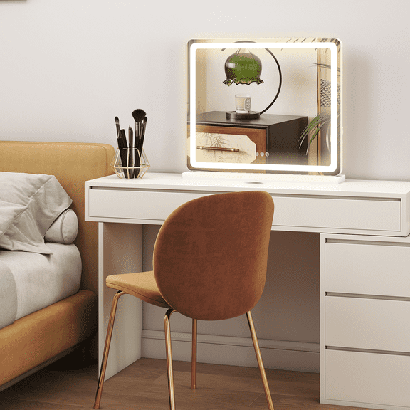 White Square LED Makeup Mirror with Lights 19x22 Inch, Dimmable 3 Color Modes Touch Screen Control Vanity Desk Mirror