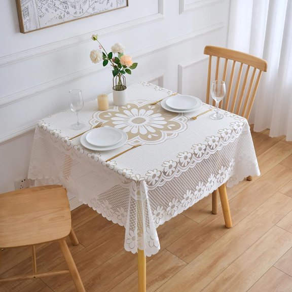 White Square Lace Tablecloth Floral Crochet Design for Coffee Table Cloth Smal Round Endtable Cover Scalloped
